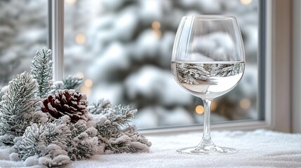 Winter window scene with a glass of beverage