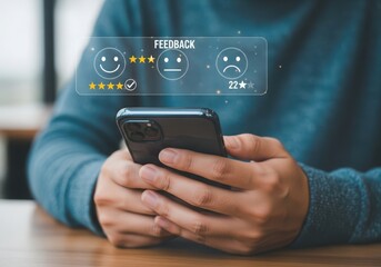 Person holding smartphone with digital feedback rating and emojis mobile technology