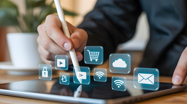 Person using a stylus on a tablet displaying various app icons floating above - Powered by Adobe