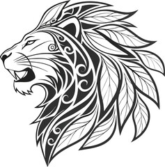 Stylized Lion Head Vector with Leaf Mane - Aggressive Design.

