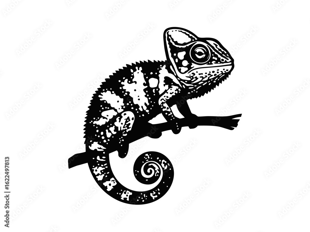 Poster vector isolated one single chameleon on a branch side view colorless black and white contour line ea