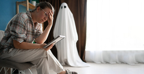 Life and death. Widow and memories. Concept of afterlife and memory for lost love. woman sitting on...