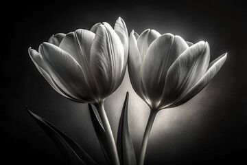 A pair of elegant tulips presented in a striking black and white monochrome style, highlighting their form and texture against a dark backdrop