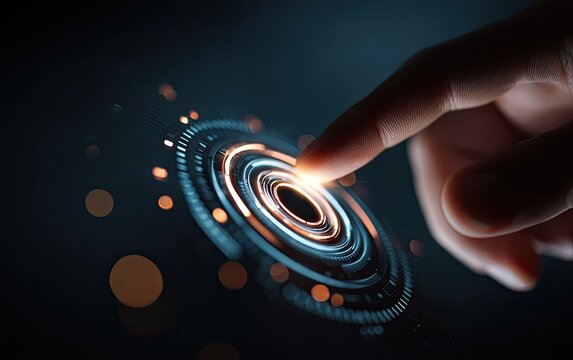 A hand touches a glowing, futuristic interface - Powered by Adobe