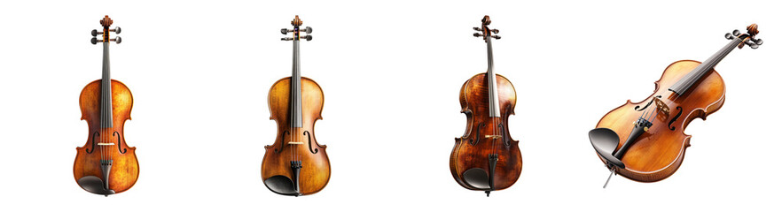 Fototapeta premium Elegant Collection of Four Distinct Violin Designs on White Background, PNG bundle collection, Isolated on Transparent Background