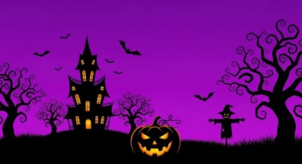 Spooky halloween night with haunted house and jack-o'-lantern on purple sky
