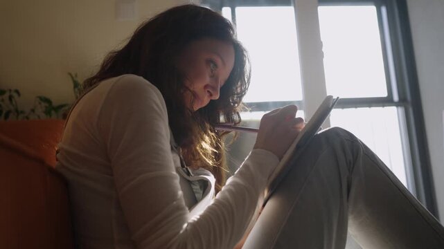 Young woman bathed in warm natural light, sitting comfortably on sofa while writing or sketching in notepad, embodying peaceful creative moment of focused concentration