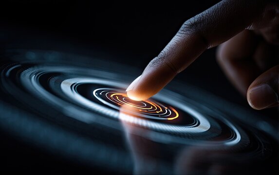 A hand's fingertip interacts with a glowing, circular, technological interface