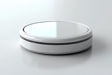 High-gloss white smart display stand on reflective surface with clean minimal lighting and futuristic aesthetic