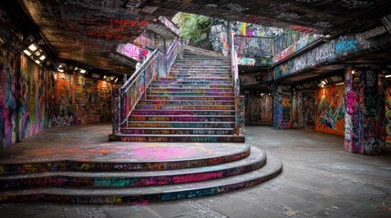 Graffiti-covered stairs in an urban underpass