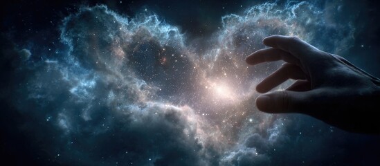 A hand reaching into a nebula filled with stars