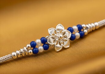Silver Floral Rakhi with Blue and White Beads on Golden Fabric