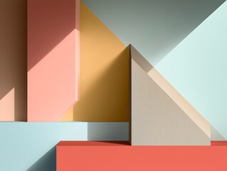 Minimalist geometric abstract composition with pastel blocks, clean lines, and soft shadows creating modern artistic background