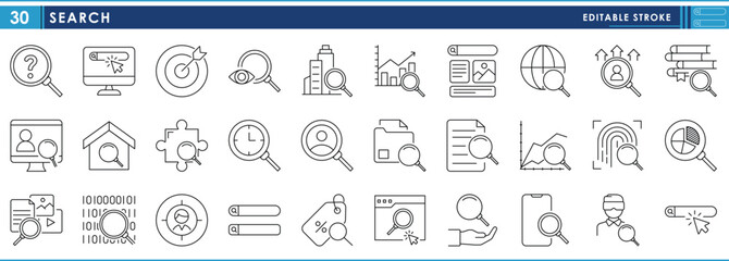 A set of line icons related to Search. Find, research, book, internet, business, target, worldwide, and so on. Vector editable stroke.