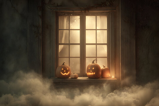 Enigmatic haunted house enveloped in fog with luminous pumpkins, casting an eerie glow through aged windows, perfect for Halloween atmosphere and chilling narrative.