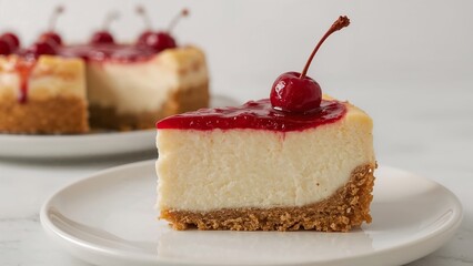 Close-Up of Cherry Cheesecake Slice with Cherry Topping and Golden Crust on White Plate