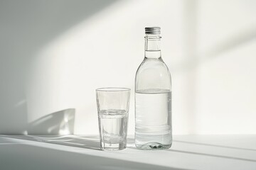 Minimalist still life of glass water bottle and empty glass on clean white background in high-resolution composition