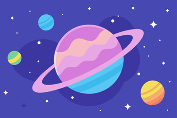 Vibrant cartoon planets and stars in deep space