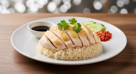 A plate of chicken oily rice with steamed chicken