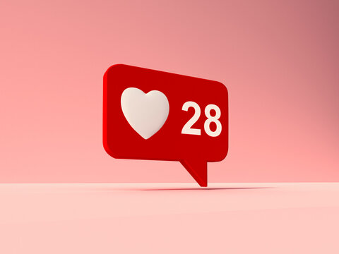 3D rendering of a social media like notification with heart symbol