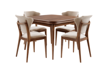 Square wooden dining table with four upholstered chairs.  Light beige fabric covers the chairs, matching the table's dark wood tone.  The chairs' backs have a stylized, scalloped design