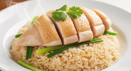 A plate of chicken oily rice with steamed chicken