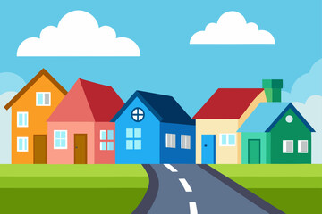 Colorful cartoon houses on a street with a blue sky and clouds