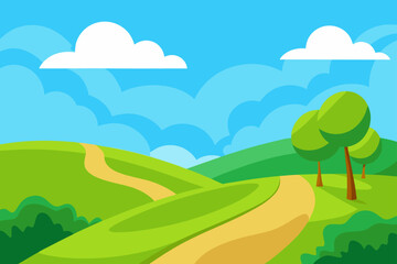 Obraz premium Cartoon landscape with rolling green hills and a winding path under a blue sky with clouds