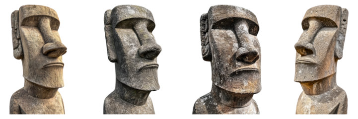 Four Moai Statues Displaying Unique Textures and Expressions