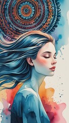 Serene Watercolor Portrait of a Woman with Flowing Hair and Mandala