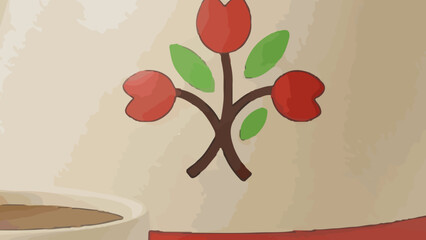 Coffee Moment with Decorative Tulip: A warm coffee cup sits beside a charming illustration of tulip, creating a scene of cozy simplicity. 