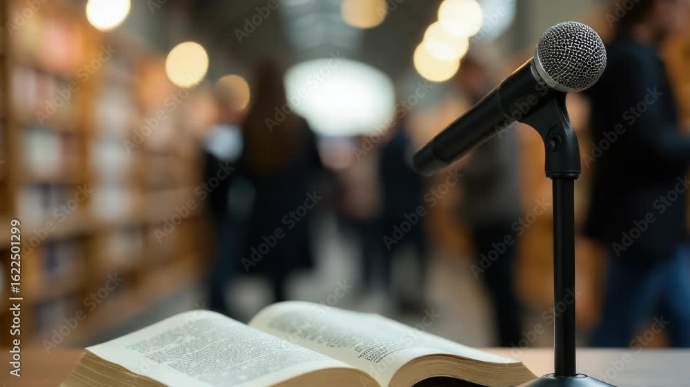 Poster a close-up shot of a microphone and an open book on a table