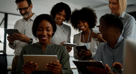 Diverse team using tablets in modern office collaborating on a project with positive energy and engaging in digital transformation