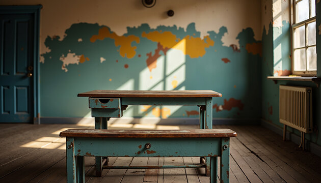 Empty classroom with sunlight shining on a wooden desk and benches   - Powered by Adobe