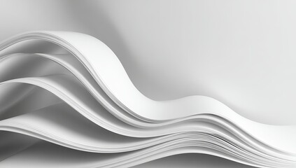 3D render of an abstract white wave shape made from paper sheets, isolated on a light background, with soft, smooth lighting, using an 85mm lens at an f/2 aperture setting, in daylight.
