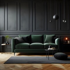  dark green sofa with black wall in modern living room