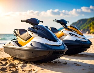 Jet skis awaiting summer adventures on sun-kissed beach ready for aquatic exploration