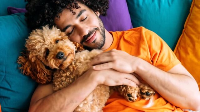 Man in Orange Shirt Hugging Brown Poodle While Lying on Couch with Vibrant Pillows in Interior Setting During Daylight