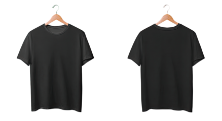 Two black t-shirts on hangers