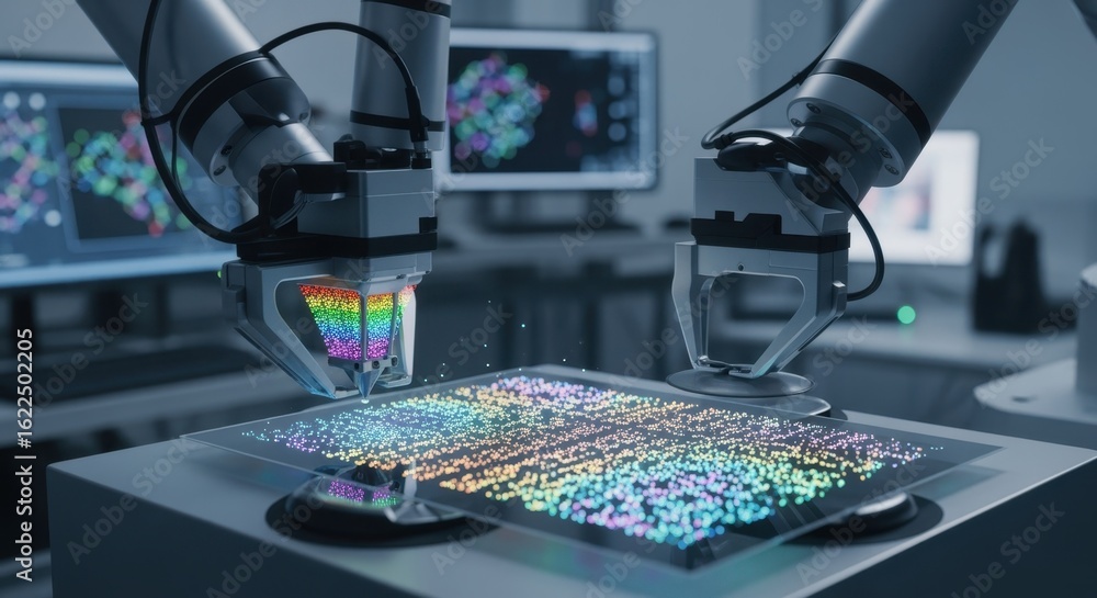 Poster robotic arms in a sterile lab environment performing multilayer inkjet printing of quantumdot films 