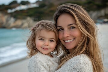 Portrait of a mother and her little daughter enjoying time together by the sea, showcasing the special bond between mother and child, Generative AI