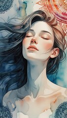 Serene Watercolor Portrait of a Woman with Flowing Hair and Mandala