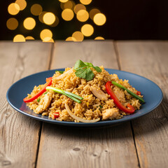 A plate of fried rice mixed with vegetables
