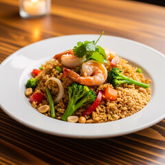 A plate of shrimp fried rice mixed with vegetables