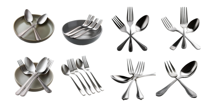 Elegant Collection of Silver Cutlery on Plates, PNG collection, set bundle, isolate on transparent or white background
