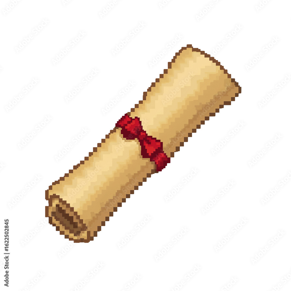 Poster pixelated parchment scroll with red ribbon tied around isolated on a transparent field of