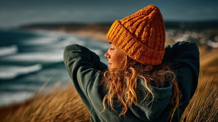 Woman in a yellow beanie and green hoodie looking out at the ocean, hands behind head, enjoying the beach scene.