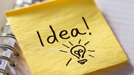 Close-up yellow Post-it note with handwritten 'Idea!' and a lightbulb icon.
