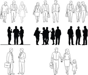 Collection of stylized black and white silhouette figures of people in various poses and group arrangements for architectural or design use