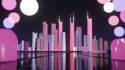 Fototapeta premium Abstract vector background featuring a vibrant city skyline and urban architecture illuminated by pink and blue lights at night